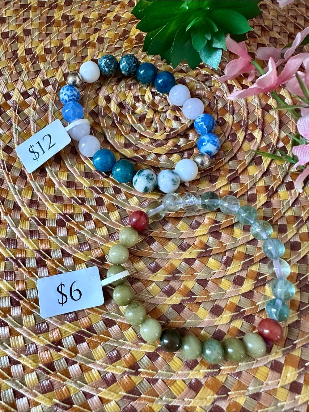 Set of Two Beaded Stretch Bracelets - Blue Multi & Earth Tones